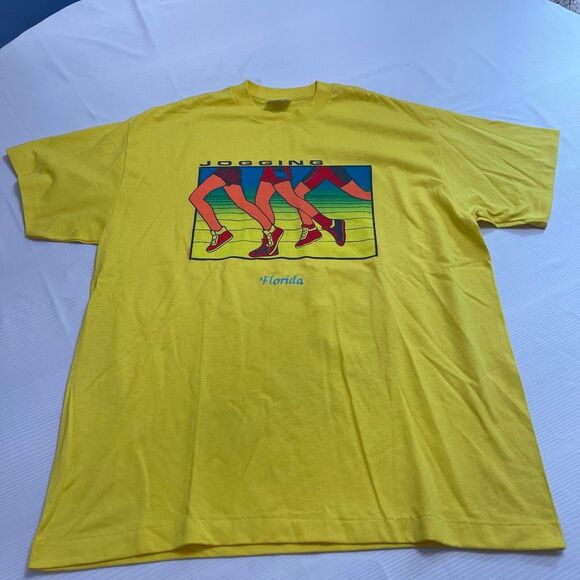 Jogging Florida Vintage Bright Yellow Single Stitch T-Shirt Size XL - Picture 2 of 8